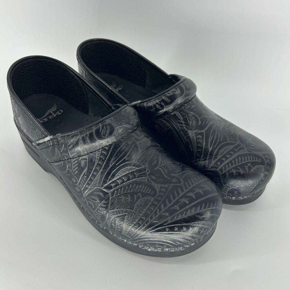 Dansko Tooled Leather Clog Women's EU 41 US 8.5 Black Floral Embossed Work Shoe